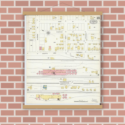 Old map wall art mockup — magnetic wood frame on brick wall — Sanborn Fire Insurance Map from East Liverpool, Columbiana County, Ohio (1903), Sheet #0018