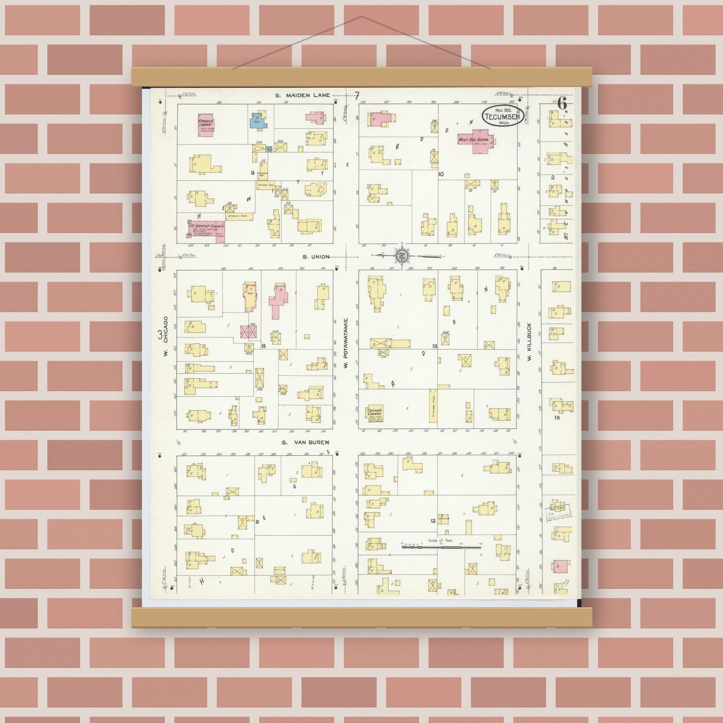 Old map wall art mockup — magnetic wood frame on brick wall — Sanborn Fire Insurance Map from Tecumseh, Lenawee County, Michigan (1912), Sheet #0006