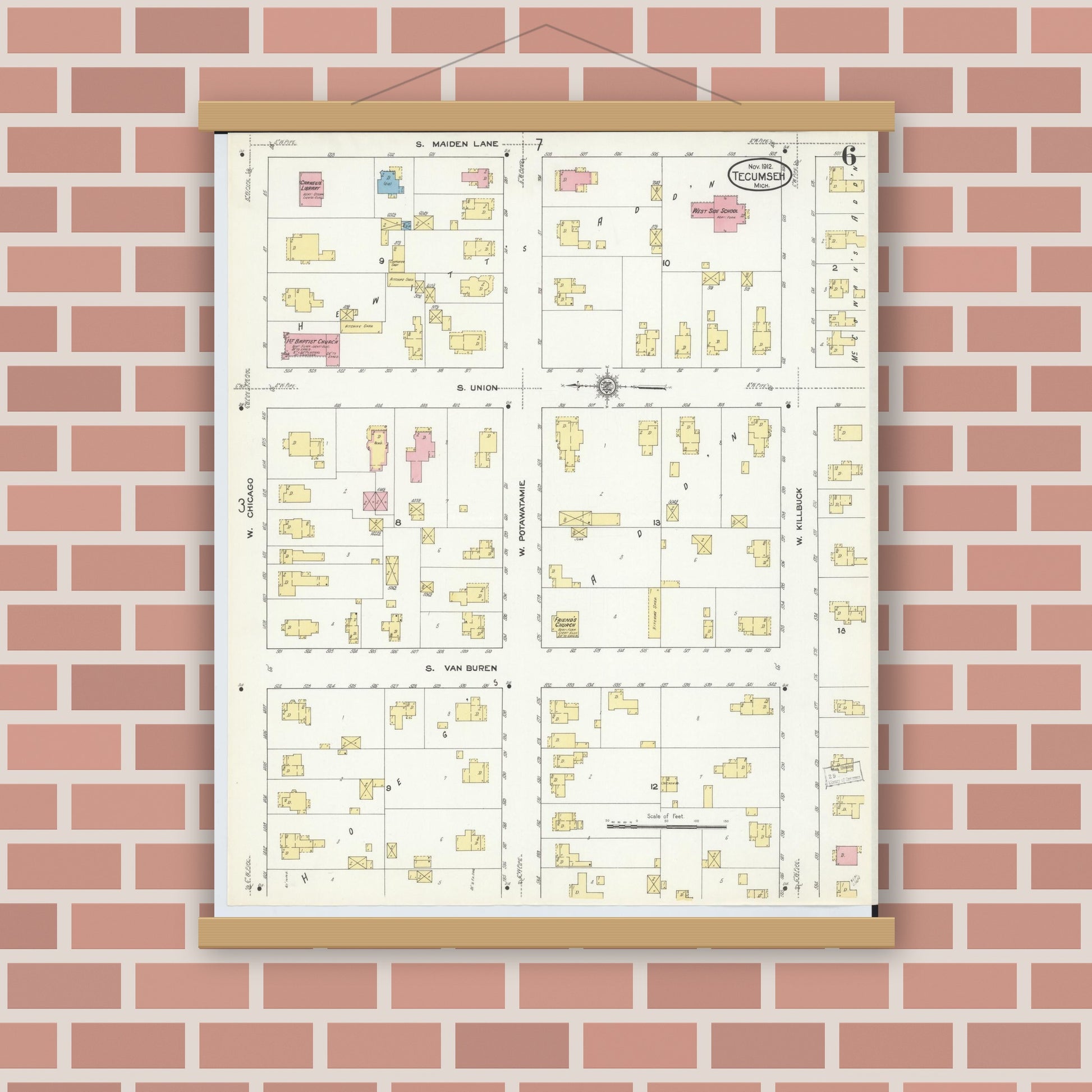Old map wall art mockup — magnetic wood frame on brick wall — Sanborn Fire Insurance Map from Tecumseh, Lenawee County, Michigan (1912), Sheet #0006