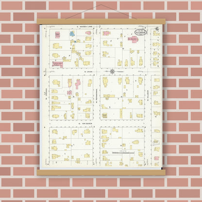 Old map wall art mockup — magnetic wood frame on brick wall — Sanborn Fire Insurance Map from Tecumseh, Lenawee County, Michigan (1912), Sheet #0006