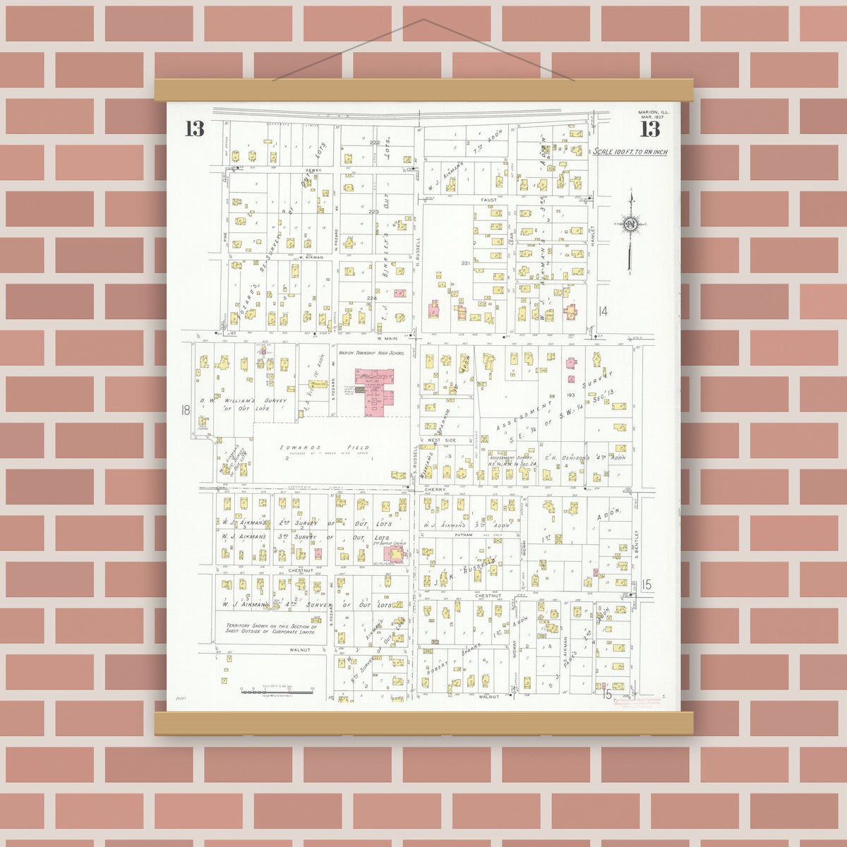 Old map wall art mockup — magnetic wood frame on brick wall — Sanborn Fire Insurance Map from Marion, Williamson County, Illinois (1937), Sheet #0013