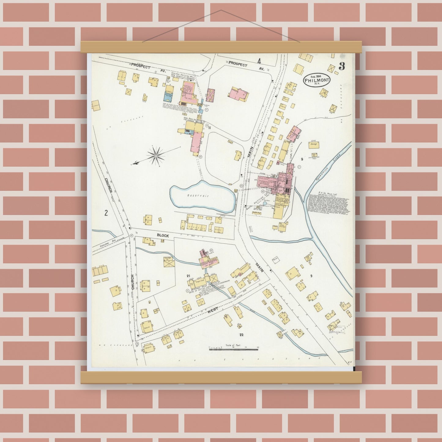 Old map wall art mockup — magnetic wood frame on brick wall — Sanborn Fire Insurance Map from Philmont, Columbia County, New York (1904), Sheet #0003