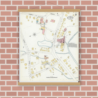 Old map wall art mockup — magnetic wood frame on brick wall — Sanborn Fire Insurance Map from Philmont, Columbia County, New York (1904), Sheet #0003