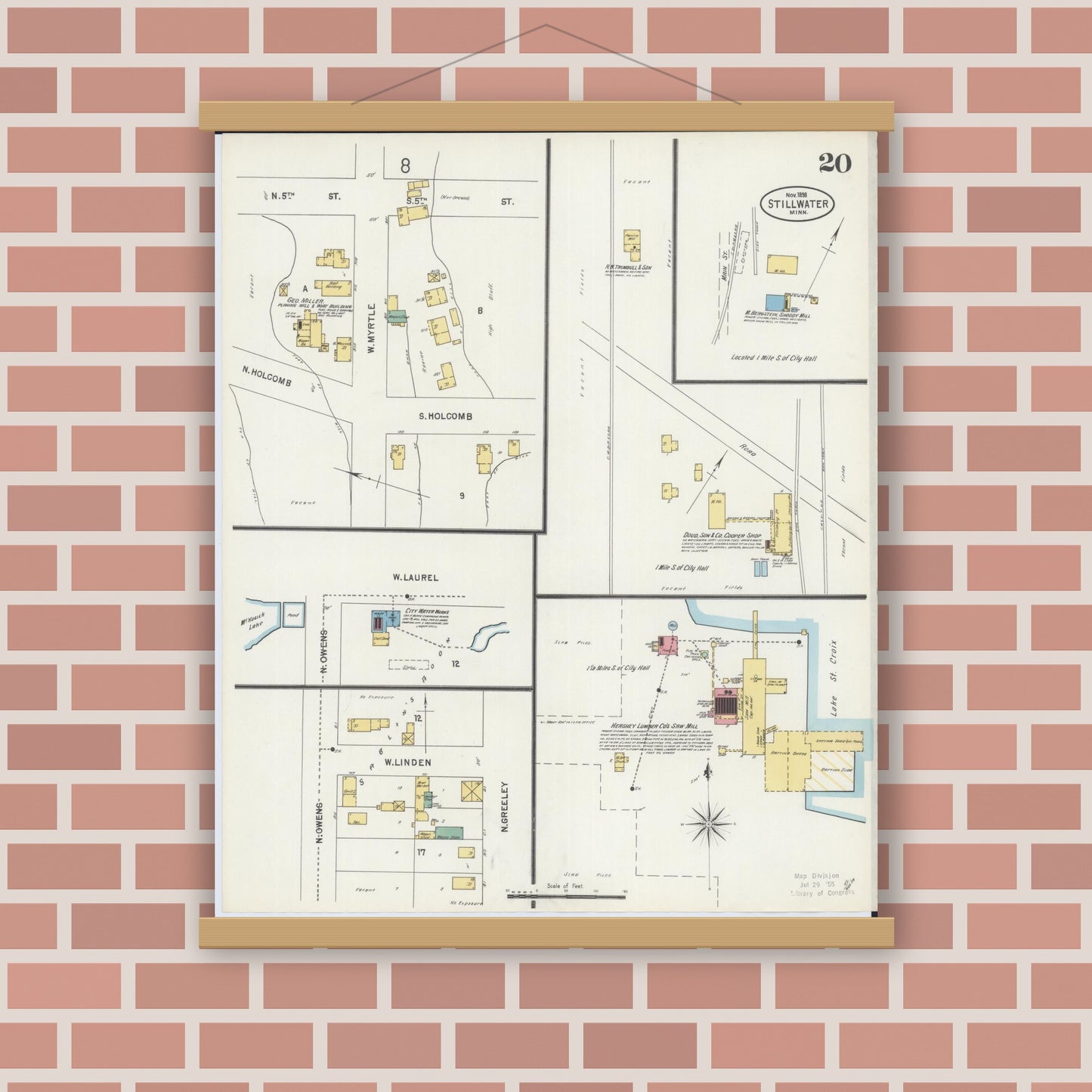 Old map wall art mockup — magnetic wood frame on brick wall — Sanborn Fire Insurance Map from Stillwater, Washington County, Minnesota (1898), Sheet #0020