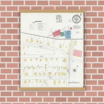 Old map wall art mockup — magnetic wood frame on brick wall — Sanborn Fire Insurance Map from Italy, Ellis County, Texas (1904) - Complete Map Set
