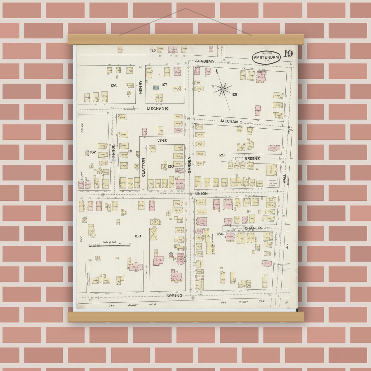 Old map wall art mockup — magnetic wood frame on brick wall — Sanborn Fire Insurance Map from Amsterdam, Montgomery County, New York (1888), Sheet #0019