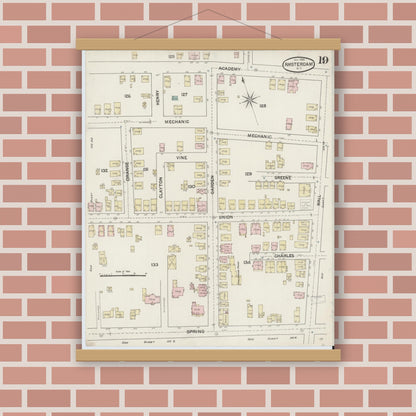 Old map wall art mockup — magnetic wood frame on brick wall — Sanborn Fire Insurance Map from Amsterdam, Montgomery County, New York (1888), Sheet #0019