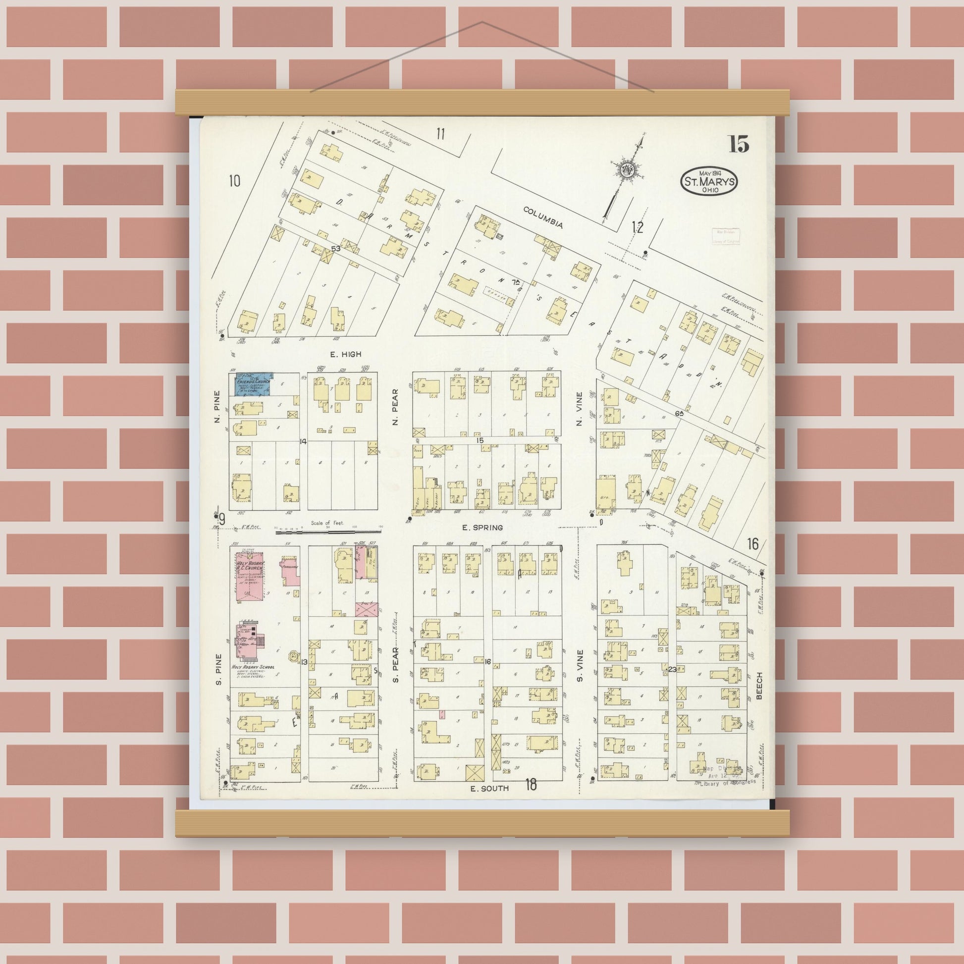 Old map wall art mockup — magnetic wood frame on brick wall — Sanborn Fire Insurance Map from Saint Marys, Auglaize County, Ohio (1914), Sheet #0015
