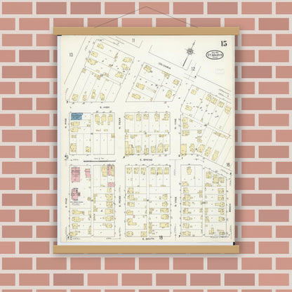 Old map wall art mockup — magnetic wood frame on brick wall — Sanborn Fire Insurance Map from Saint Marys, Auglaize County, Ohio (1914), Sheet #0015