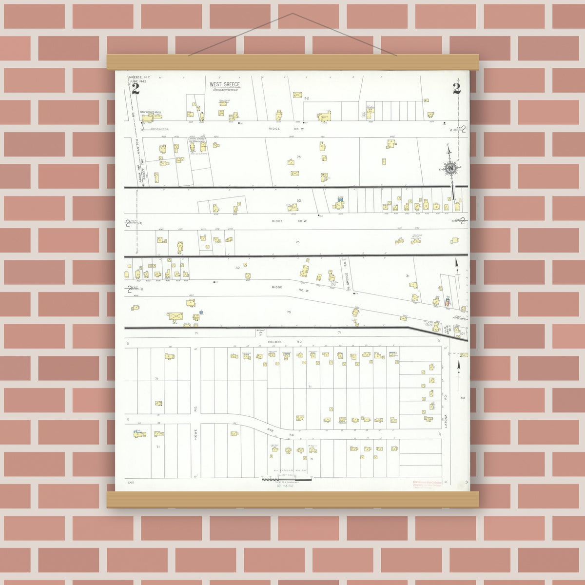 Old map wall art mockup — magnetic wood frame on brick wall — Sanborn Fire Insurance Map from Greece, Monroe County, New York (1942), Sheet #0002