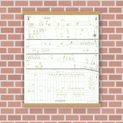 Old map wall art mockup — magnetic wood frame on brick wall — Sanborn Fire Insurance Map from Greece, Monroe County, New York (1942), Sheet #0002