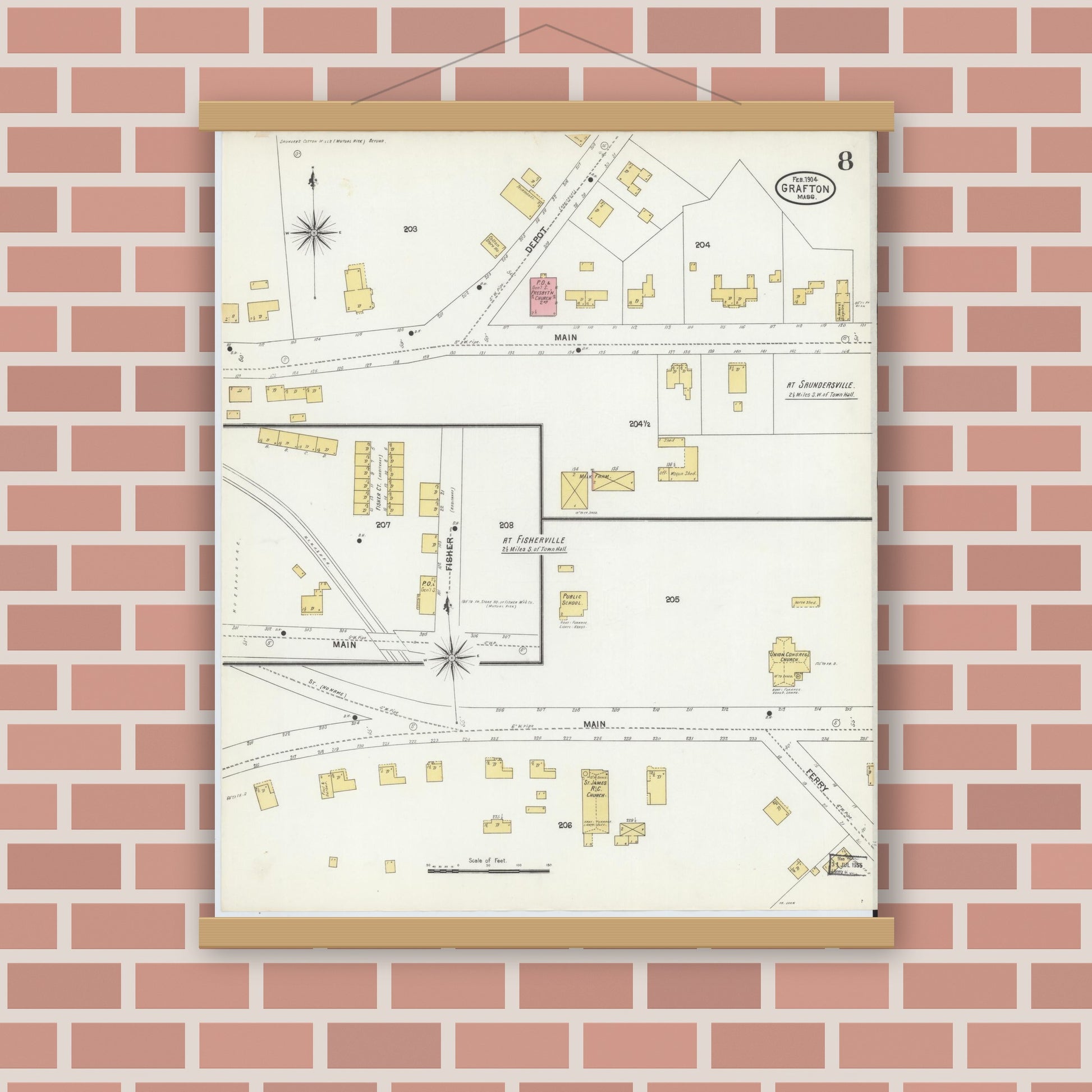 Old map wall art mockup — magnetic wood frame on brick wall — Sanborn Fire Insurance Map from Grafton, Worcester County, Massachusetts (1904), Sheet #0008