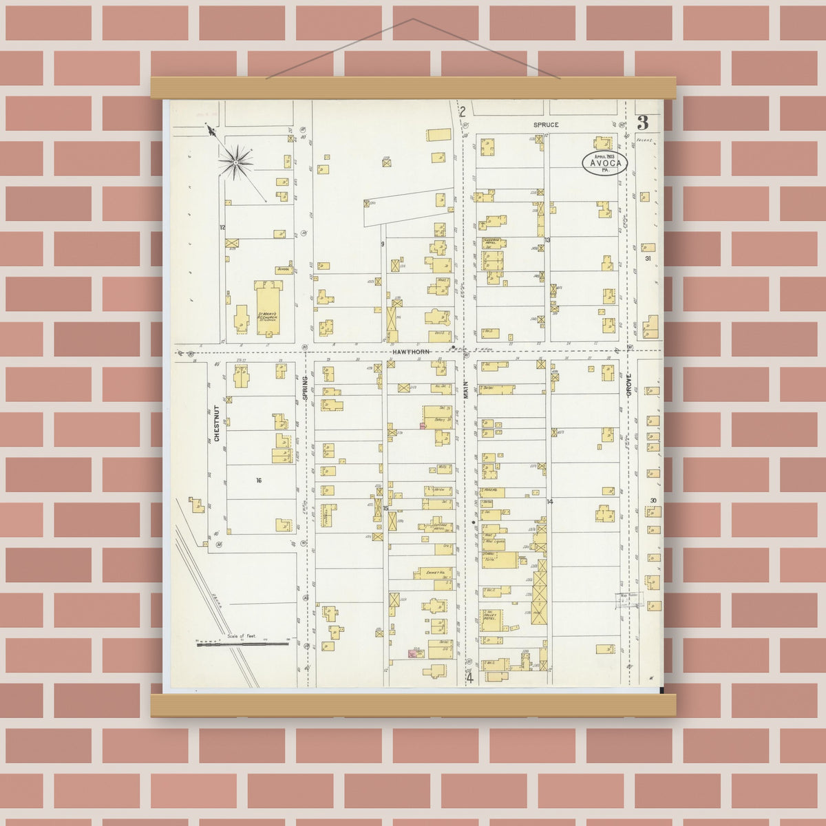 Old map wall art mockup — magnetic wood frame on brick wall — Sanborn Fire Insurance Map from Avoca, Luzerne County, Pennsylvania (1903), Sheet #0003