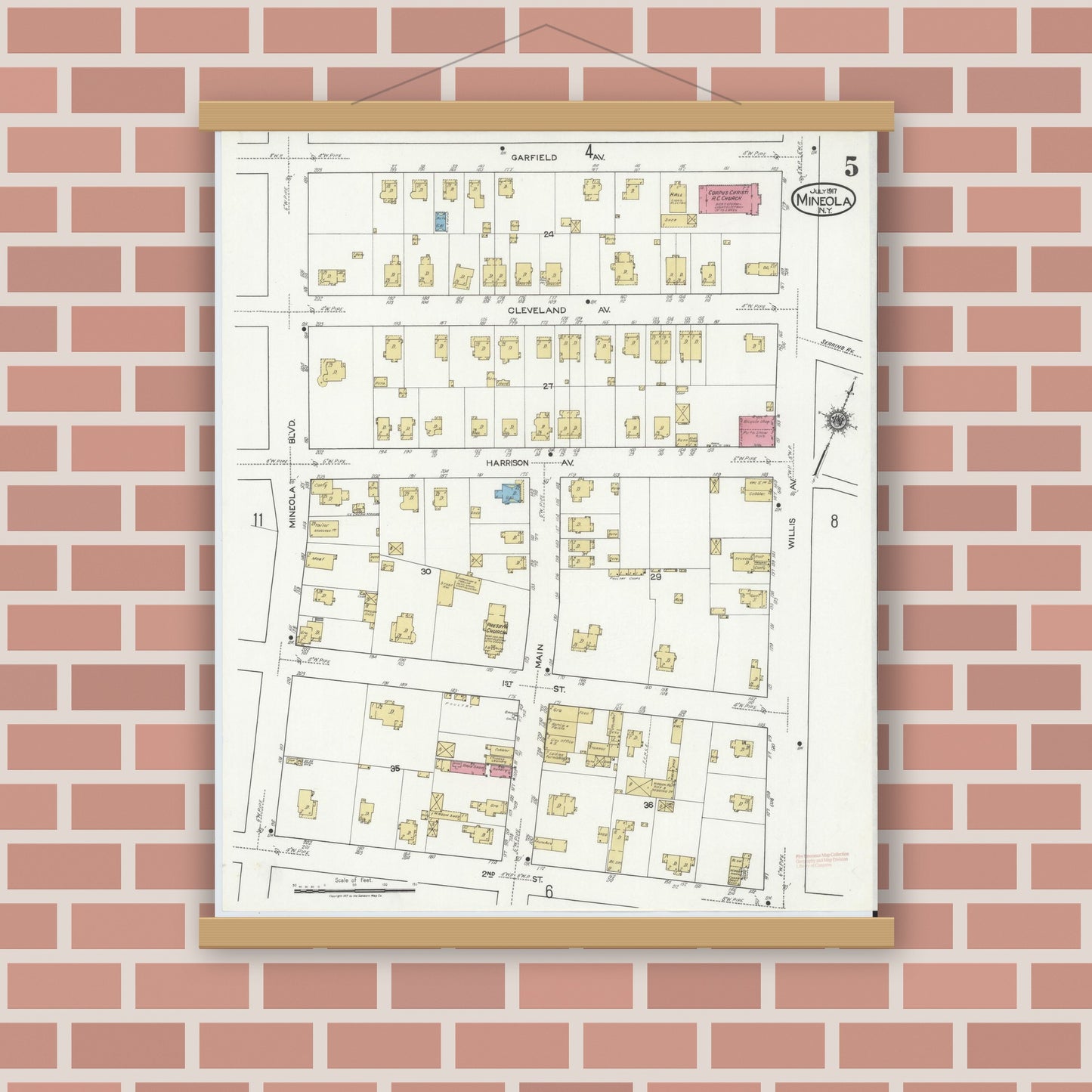 Old map wall art mockup — magnetic wood frame on brick wall — Sanborn Fire Insurance Map from Mineola, Nassau County, New York (1917), Sheet #0005