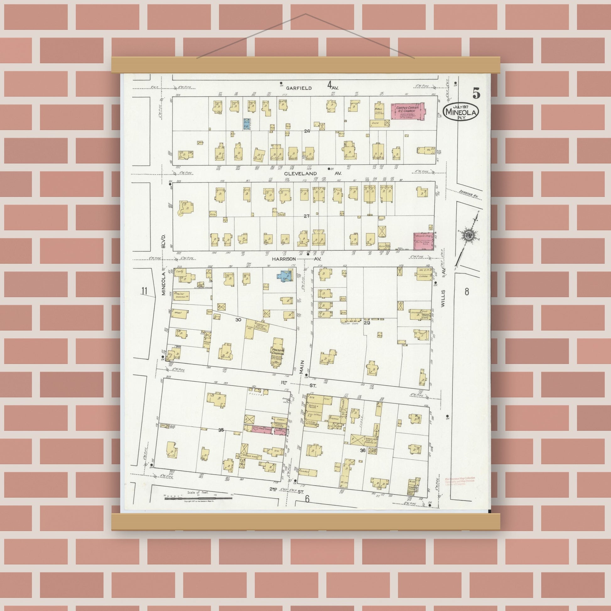 Old map wall art mockup — magnetic wood frame on brick wall — Sanborn Fire Insurance Map from Mineola, Nassau County, New York (1917), Sheet #0005