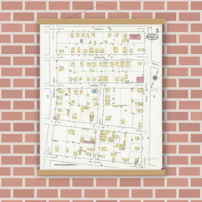 Old map wall art mockup — magnetic wood frame on brick wall — Sanborn Fire Insurance Map from Mineola, Nassau County, New York (1917), Sheet #0005