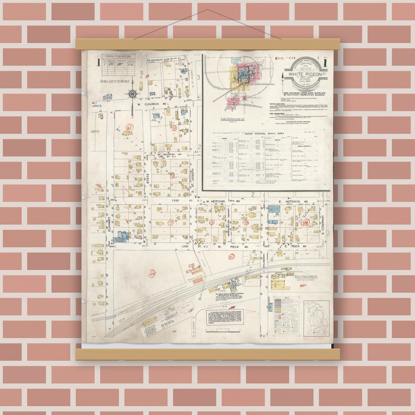Old map wall art mockup — magnetic wood frame on brick wall — Sanborn Fire Insurance Map from White Pigeon, Saint Joseph County, Michigan (1954) - Complete Map Set