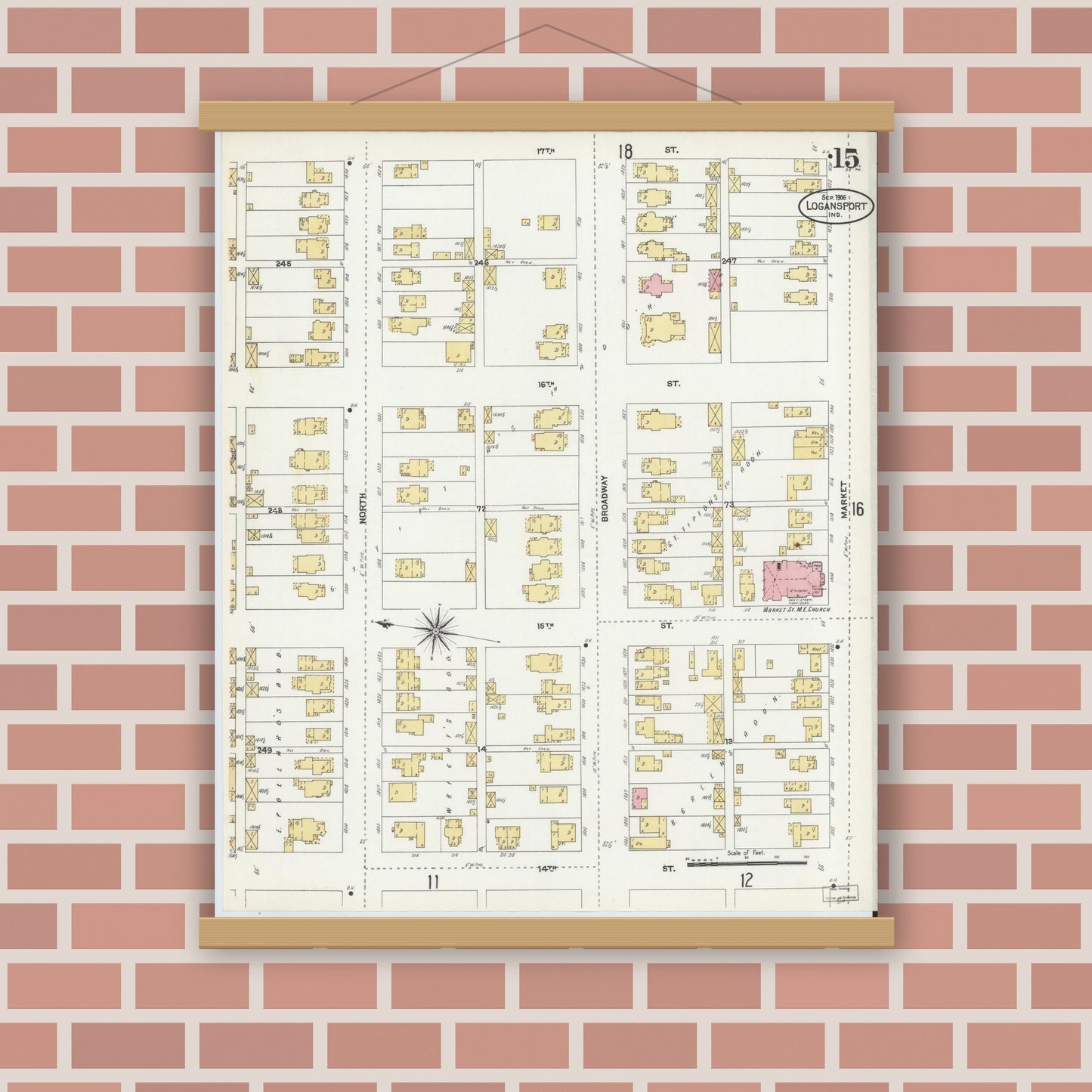 Old map wall art mockup — magnetic wood frame on brick wall — Sanborn Fire Insurance Map from Logansport, Cass County, Indiana (1906), Sheet #0015