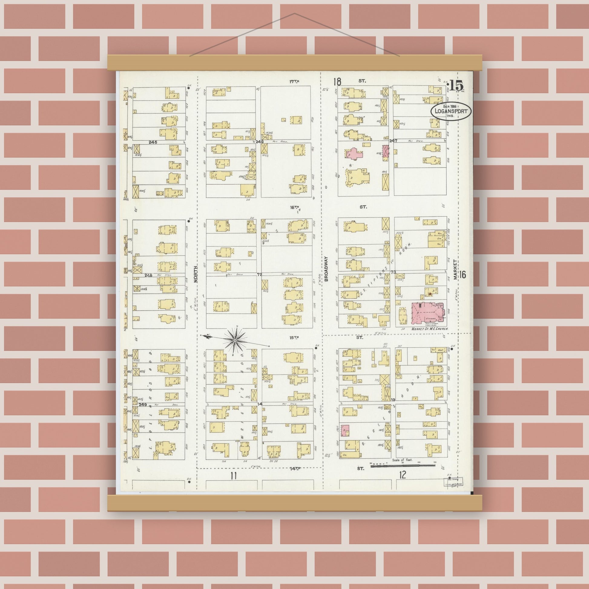 Old map wall art mockup — magnetic wood frame on brick wall — Sanborn Fire Insurance Map from Logansport, Cass County, Indiana (1906), Sheet #0015