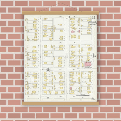 Old map wall art mockup — magnetic wood frame on brick wall — Sanborn Fire Insurance Map from Logansport, Cass County, Indiana (1906), Sheet #0015