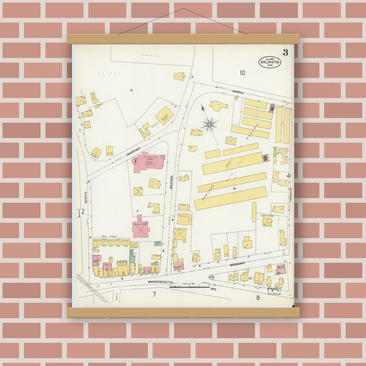 Old map wall art mockup — magnetic wood frame on brick wall — Sanborn Fire Insurance Map from Arlington, Middlesex County, Massachusetts (1903), Sheet #0003