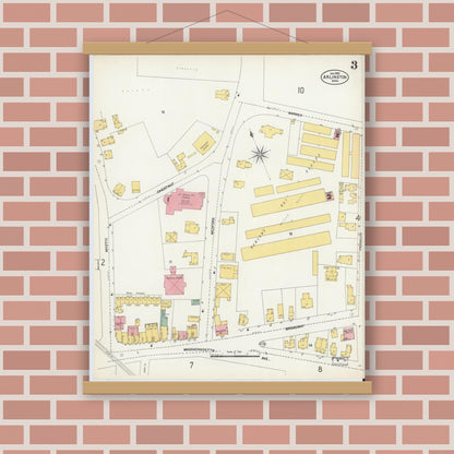 Old map wall art mockup — magnetic wood frame on brick wall — Sanborn Fire Insurance Map from Arlington, Middlesex County, Massachusetts (1903), Sheet #0003