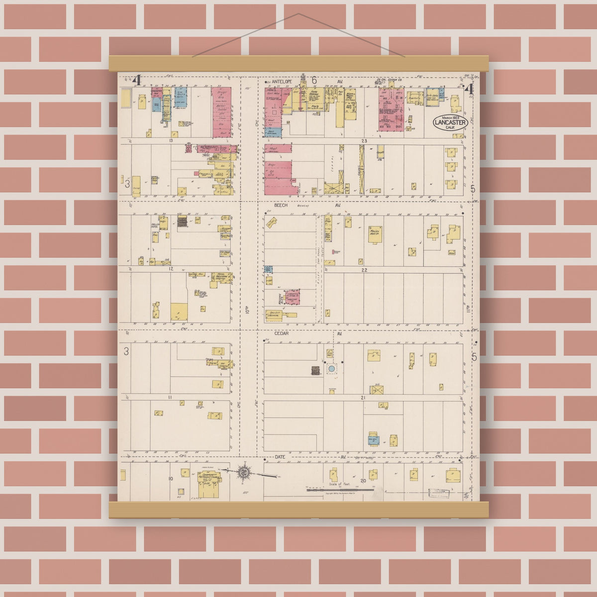 Old map wall art mockup — magnetic wood frame on brick wall — Sanborn Fire Insurance Map from Lancaster, Los Angeles County, California (1923), Sheet #0004