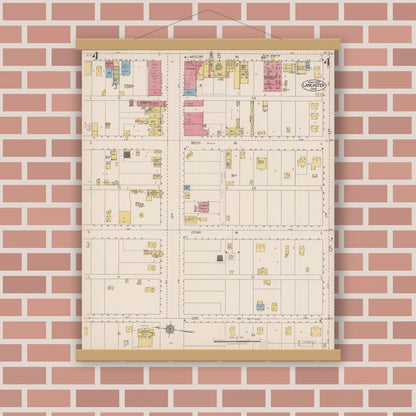 Old map wall art mockup — magnetic wood frame on brick wall — Sanborn Fire Insurance Map from Lancaster, Los Angeles County, California (1923), Sheet #0004
