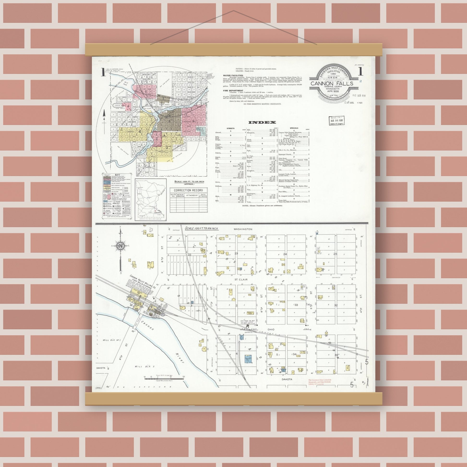 Old map wall art mockup — magnetic wood frame on brick wall — Sanborn Fire Insurance Map from Cannon Falls, Goodhue County, Minnesota (1938) - Complete Map Set