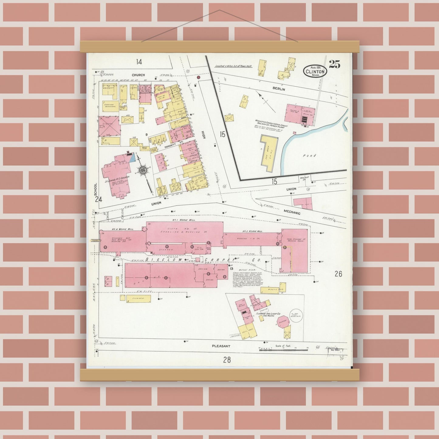 Old map wall art mockup — magnetic wood frame on brick wall — Sanborn Fire Insurance Map from Clinton, Worcester County, Massachusetts (1911), Sheet #0025