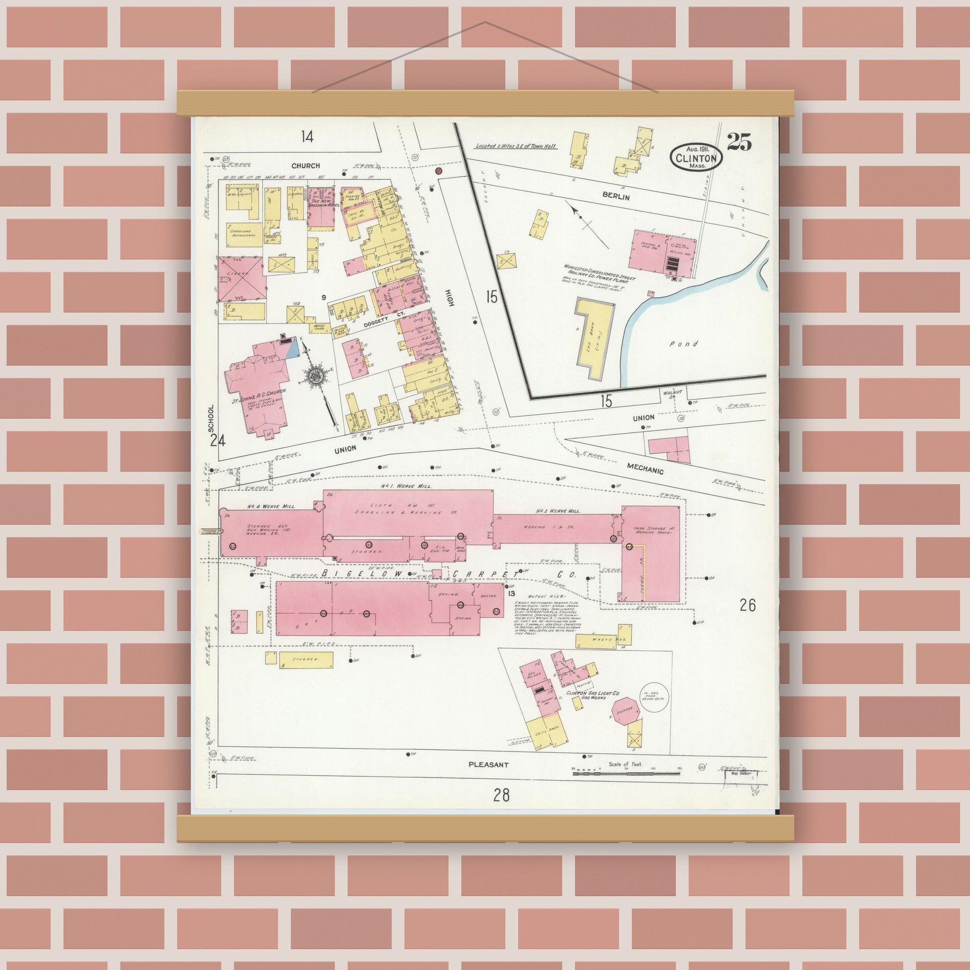 Old map wall art mockup — magnetic wood frame on brick wall — Sanborn Fire Insurance Map from Clinton, Worcester County, Massachusetts (1911), Sheet #0025