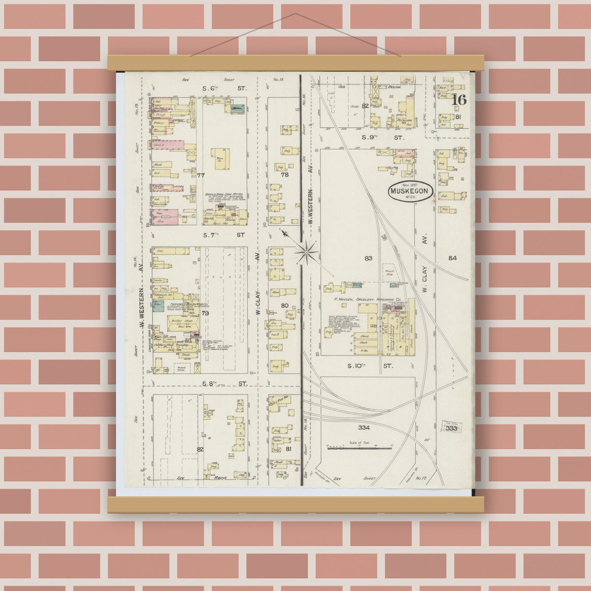 Old map wall art mockup — magnetic wood frame on brick wall — Sanborn Fire Insurance Map from Muskegon, Muskegon County, Michigan (1887), Sheet #0016