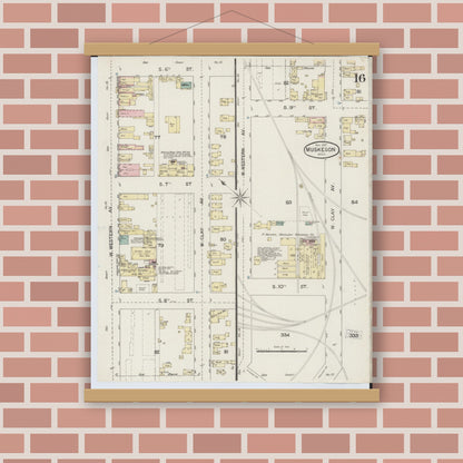 Old map wall art mockup — magnetic wood frame on brick wall — Sanborn Fire Insurance Map from Muskegon, Muskegon County, Michigan (1887), Sheet #0016