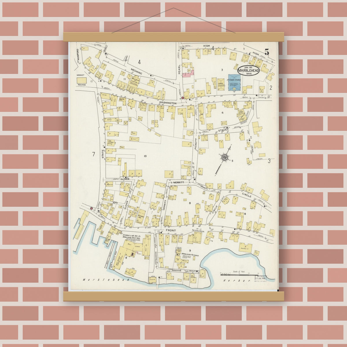 Old map wall art mockup — magnetic wood frame on brick wall — Sanborn Fire Insurance Map from Marblehead, Essex County, Massachusetts (1915), Sheet #0005