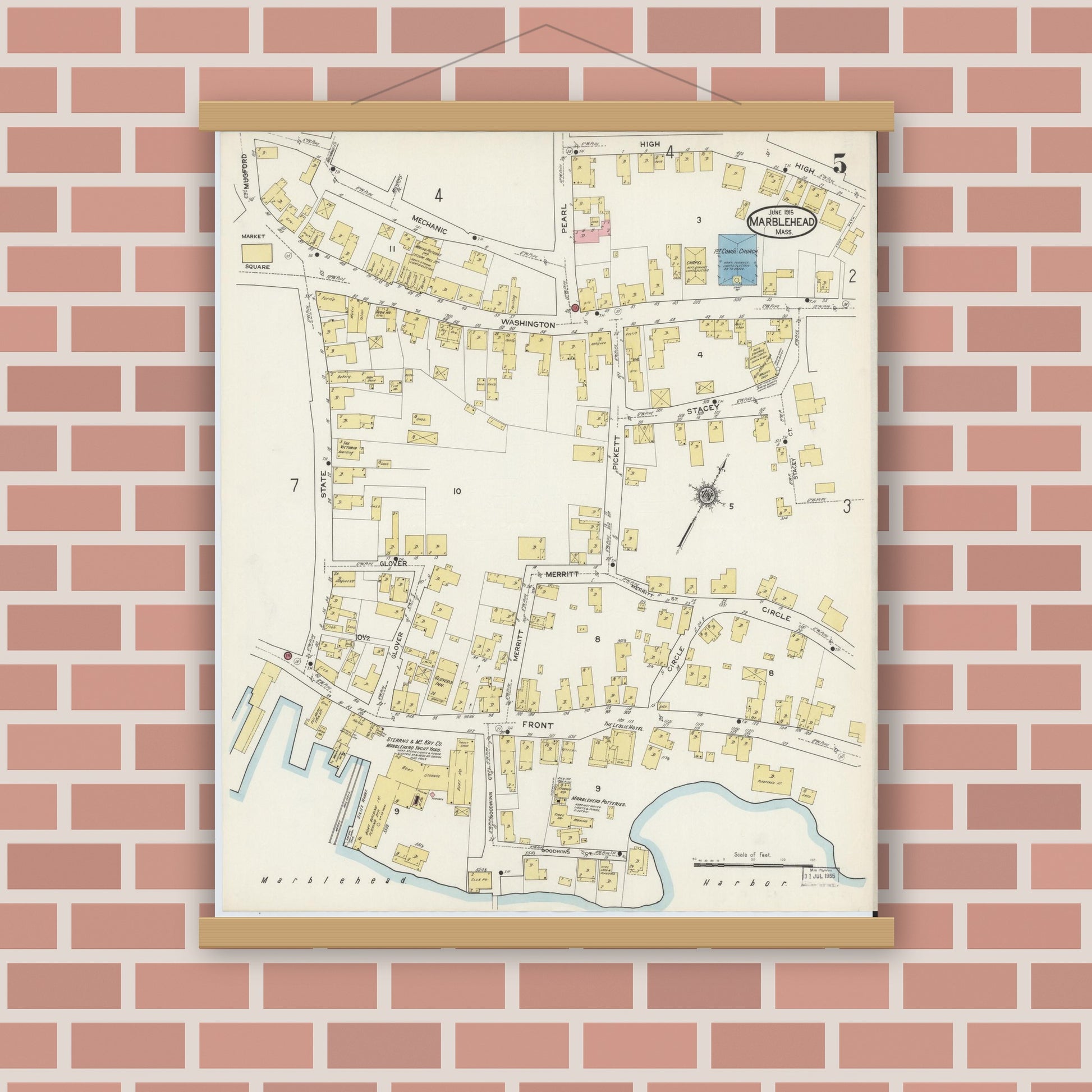 Old map wall art mockup — magnetic wood frame on brick wall — Sanborn Fire Insurance Map from Marblehead, Essex County, Massachusetts (1915), Sheet #0005