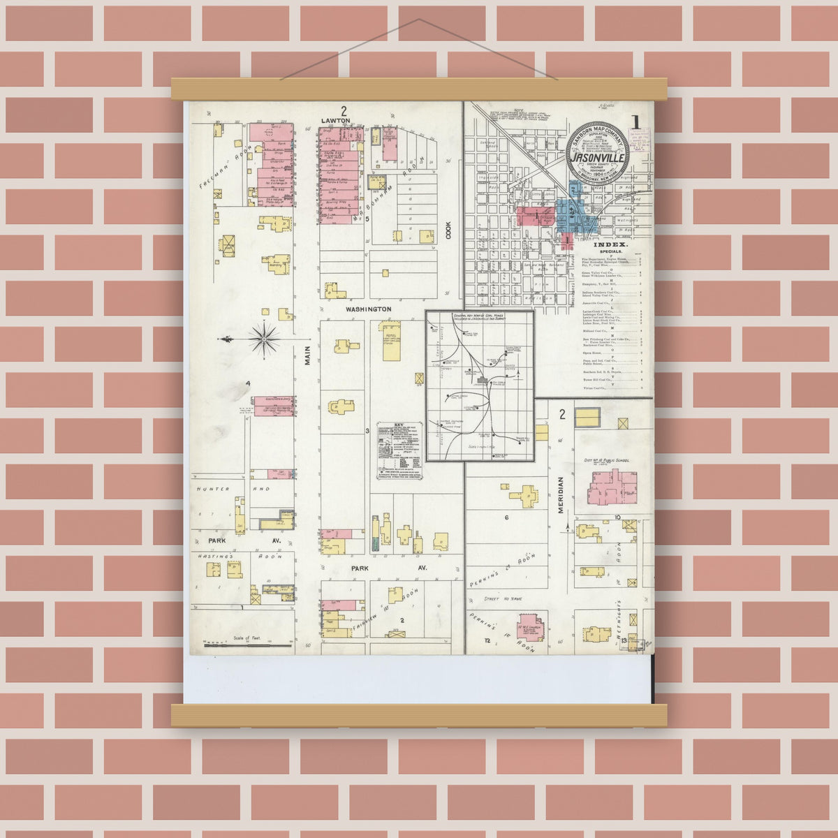 Old map wall art mockup — magnetic wood frame on brick wall — Sanborn Fire Insurance Map from Jasonville, Greene County, Indiana (1904) - Complete Map Set