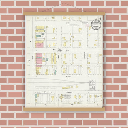 Old map wall art mockup — magnetic wood frame on brick wall — Sanborn Fire Insurance Map from Itasca, Hill County, Texas (1896), Sheet #0001