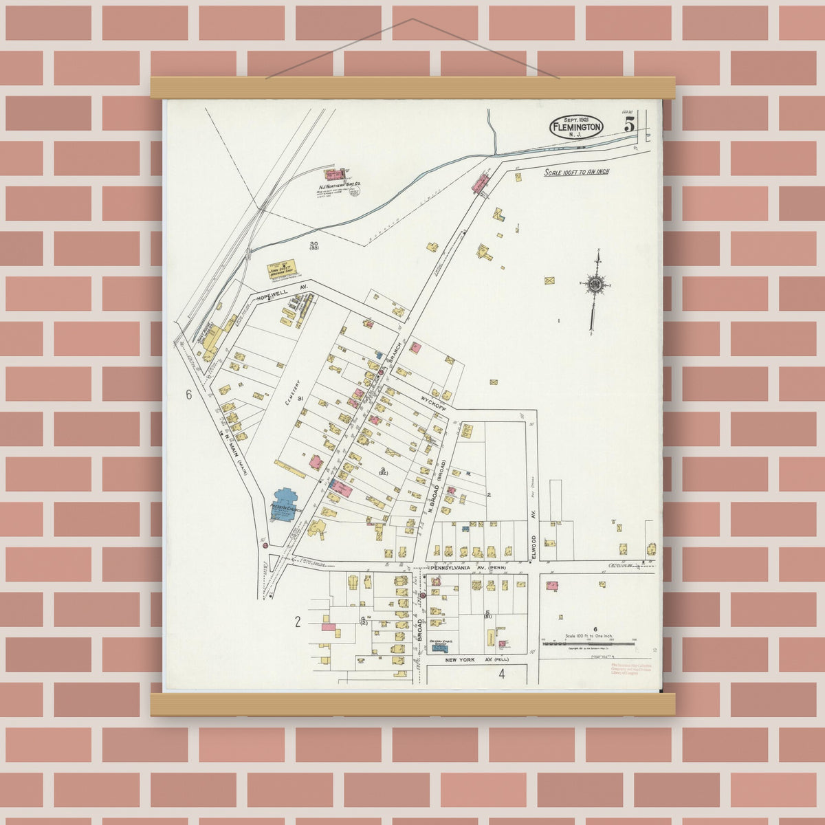 Old map wall art mockup — magnetic wood frame on brick wall — Sanborn Fire Insurance Map from Flemington, Hunterdon County, New Jersey (1921), Sheet #0005