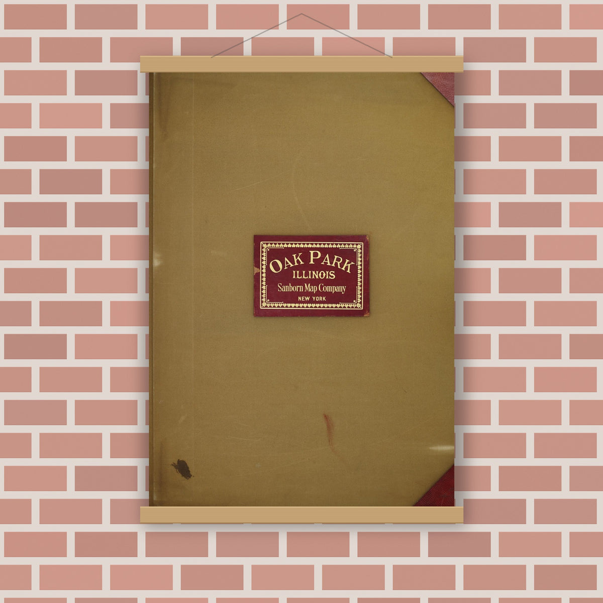 Old map wall art mockup — magnetic wood frame on brick wall — Sanborn Fire Insurance Map from Oak Park, Cook County, Illinois (1950), Sheet #0001