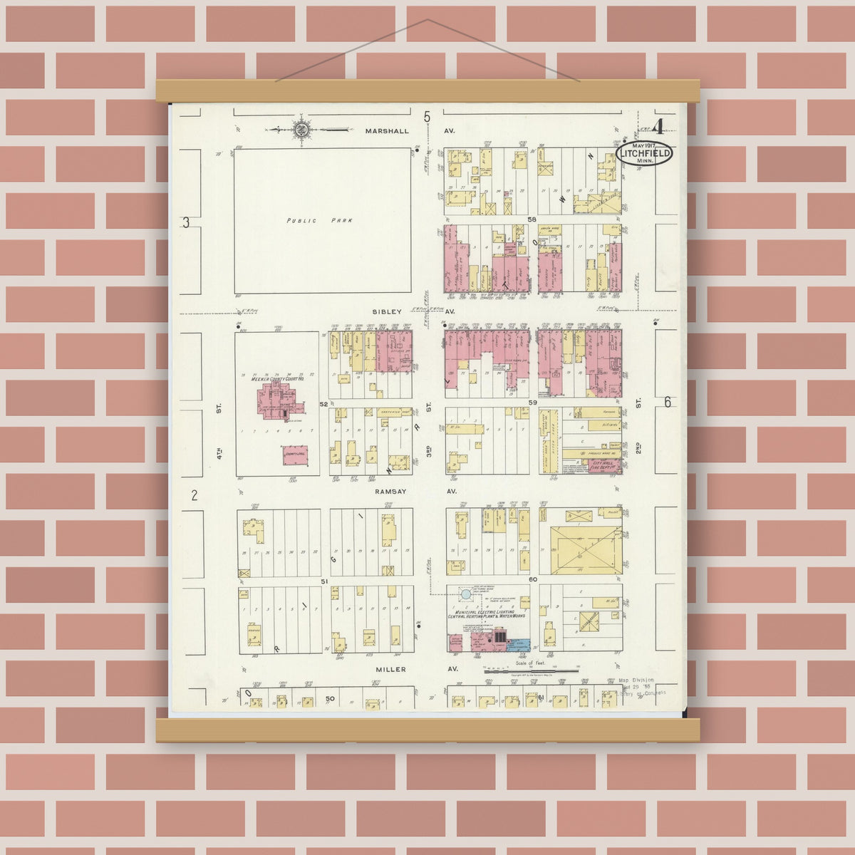 Old map wall art mockup — magnetic wood frame on brick wall — Sanborn Fire Insurance Map from Litchfield, Meeker County, Minnesota (1917), Sheet #0004