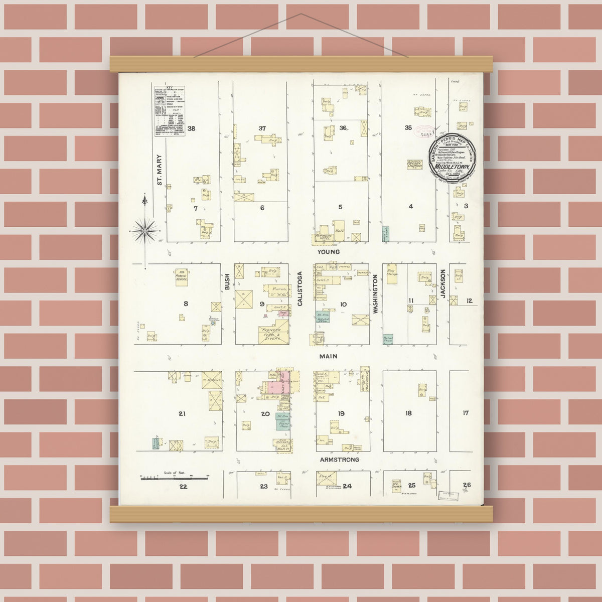 Old map wall art mockup — magnetic wood frame on brick wall — Sanborn Fire Insurance Map from Middletown, Lake County, California (1890), Sheet #0001