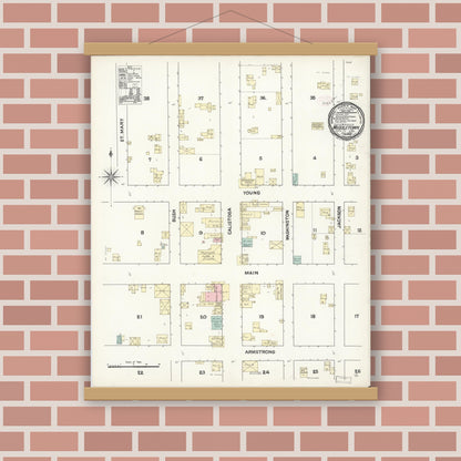 Old map wall art mockup — magnetic wood frame on brick wall — Sanborn Fire Insurance Map from Middletown, Lake County, California (1890), Sheet #0001