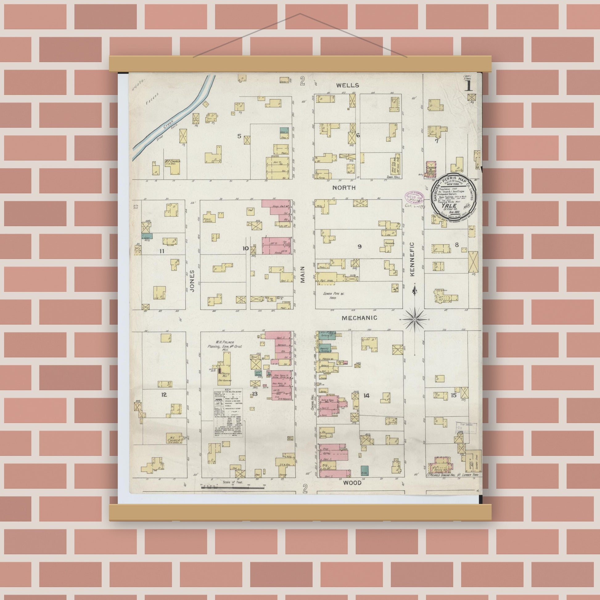 Old map wall art mockup — magnetic wood frame on brick wall — Sanborn Fire Insurance Map from Yale, Saint Clair County, Michigan (1893) - Complete Map Set