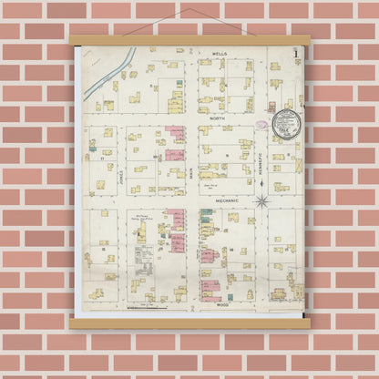 Old map wall art mockup — magnetic wood frame on brick wall — Sanborn Fire Insurance Map from Yale, Saint Clair County, Michigan (1893) - Complete Map Set
