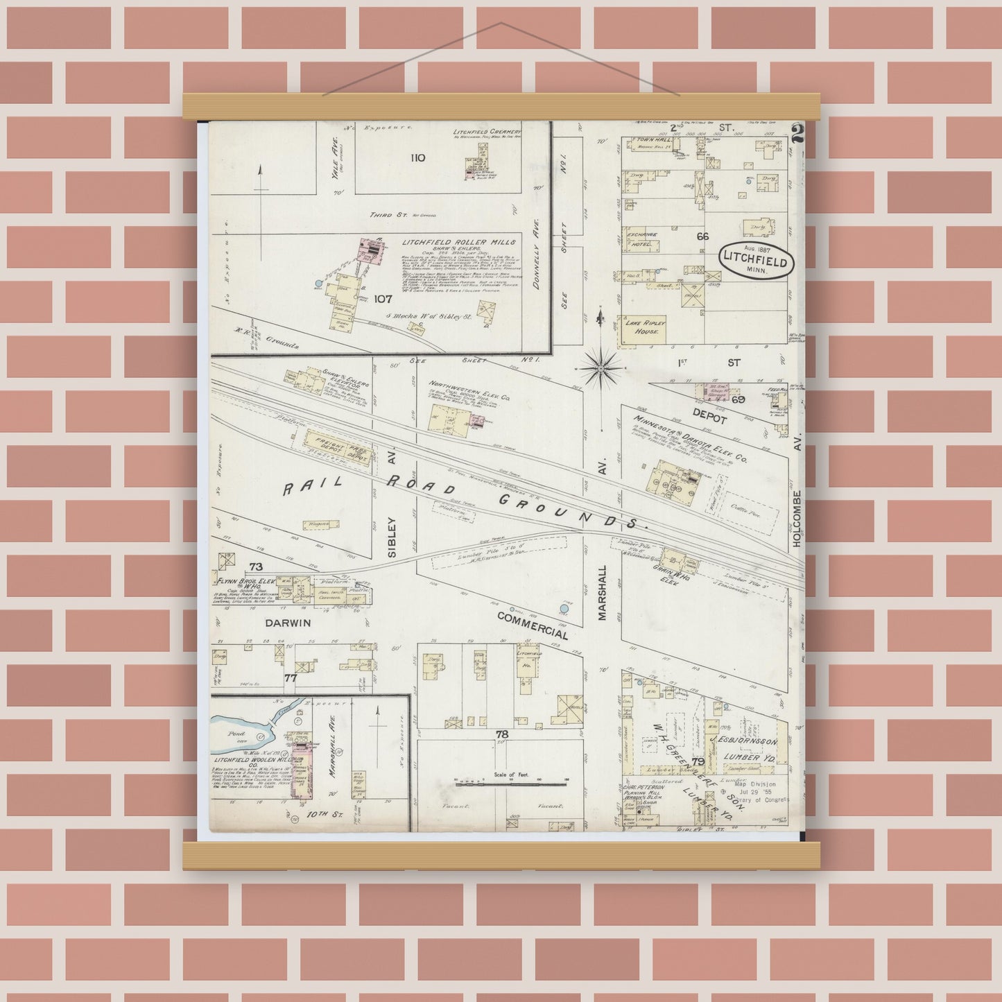 Old map wall art mockup — magnetic wood frame on brick wall — Sanborn Fire Insurance Map from Litchfield, Meeker County, Minnesota (1887), Sheet #0002