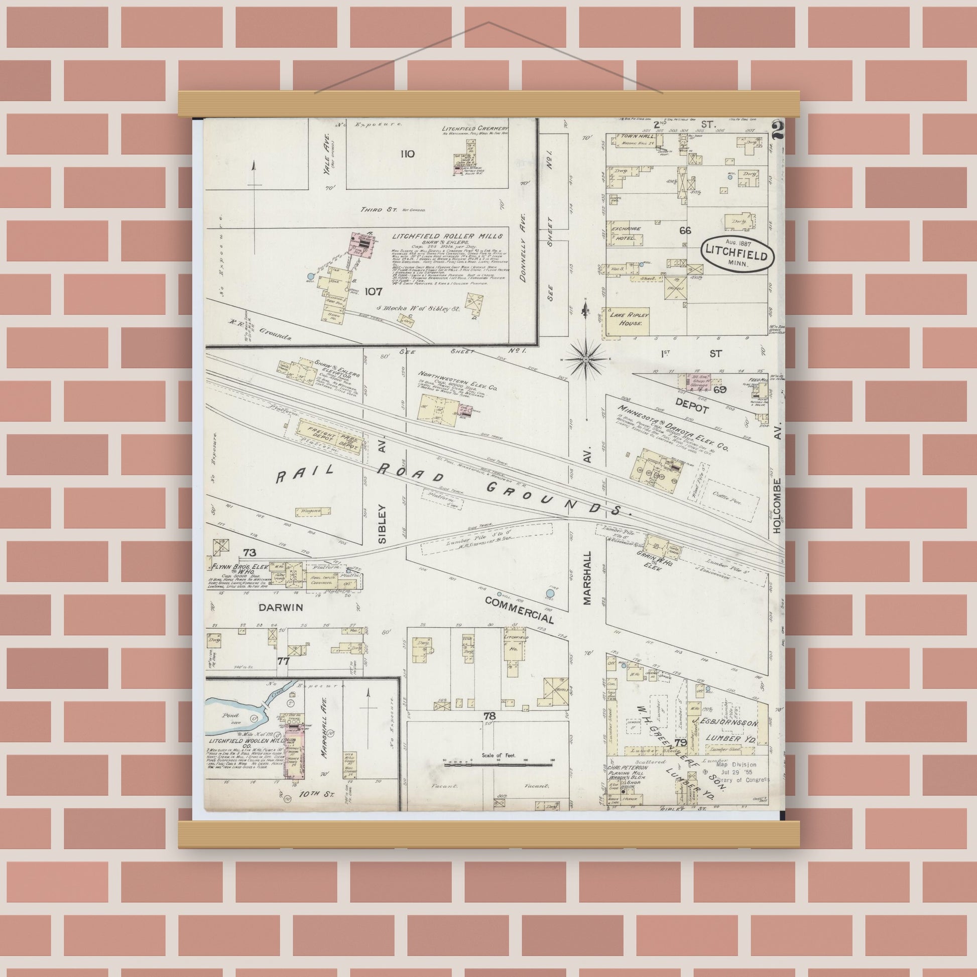 Old map wall art mockup — magnetic wood frame on brick wall — Sanborn Fire Insurance Map from Litchfield, Meeker County, Minnesota (1887), Sheet #0002