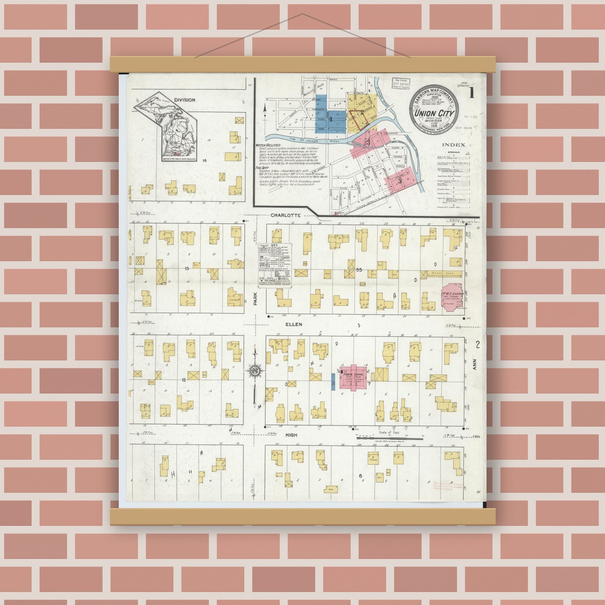 Old map wall art mockup — magnetic wood frame on brick wall — Sanborn Fire Insurance Map from Union City, Branch And Calhoun Counties, Michigan (1918), Sheet #0001