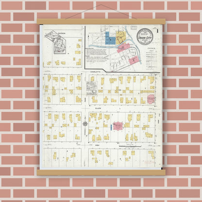 Old map wall art mockup — magnetic wood frame on brick wall — Sanborn Fire Insurance Map from Union City, Branch And Calhoun Counties, Michigan (1918), Sheet #0001