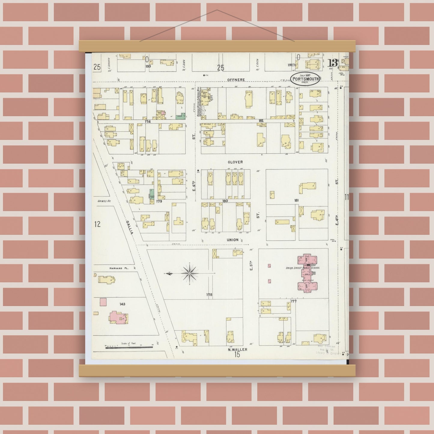 Old map wall art mockup — magnetic wood frame on brick wall — Sanborn Fire Insurance Map from Portsmouth, Scioto County, Ohio (1897), Sheet #0013