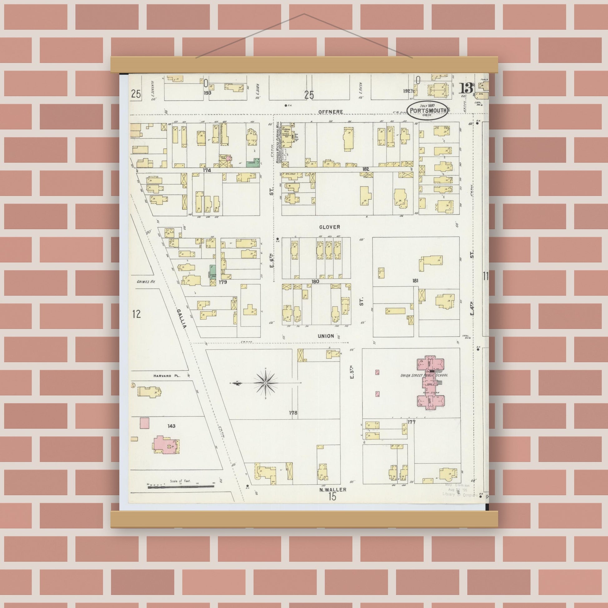 Old map wall art mockup — magnetic wood frame on brick wall — Sanborn Fire Insurance Map from Portsmouth, Scioto County, Ohio (1897), Sheet #0013
